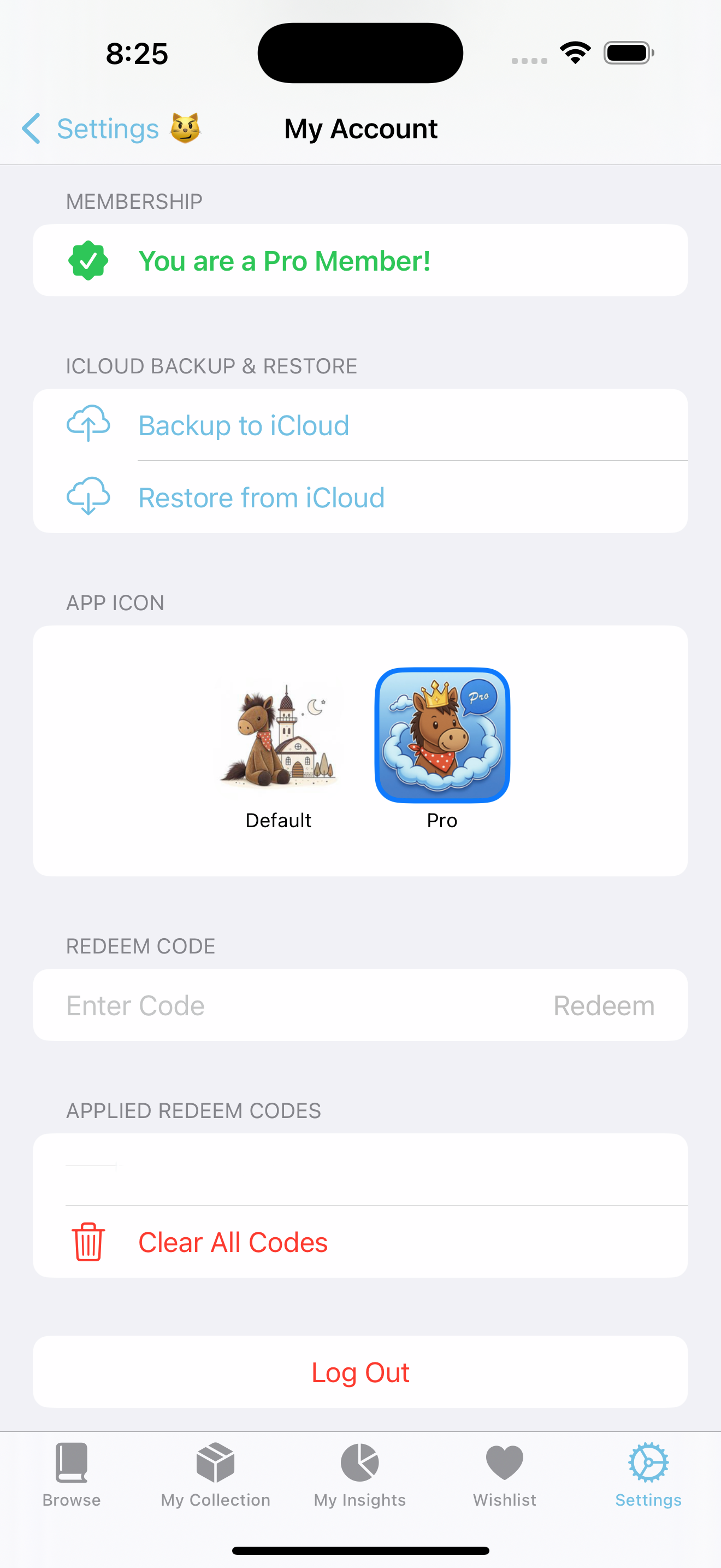App pro account and settings screen