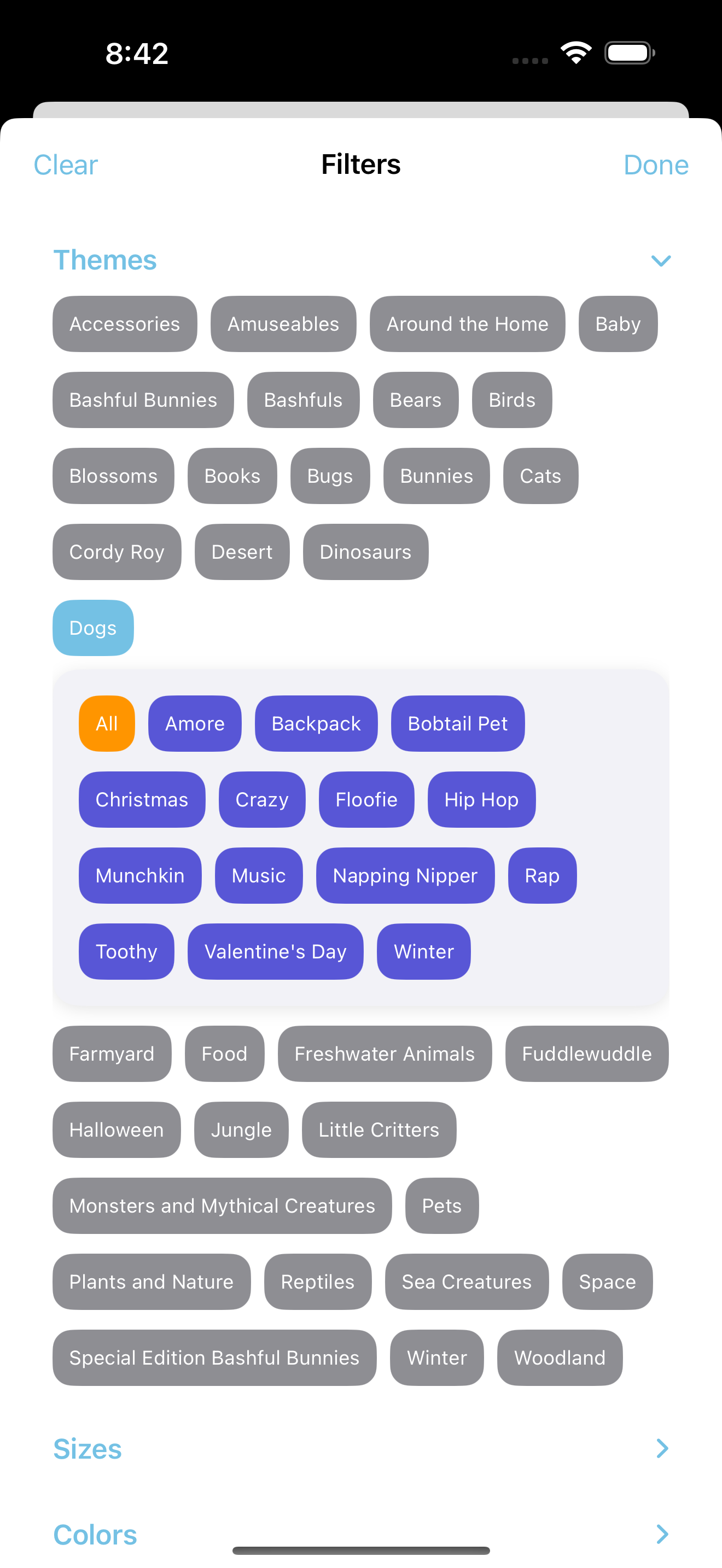 App showing primary filtering options by theme