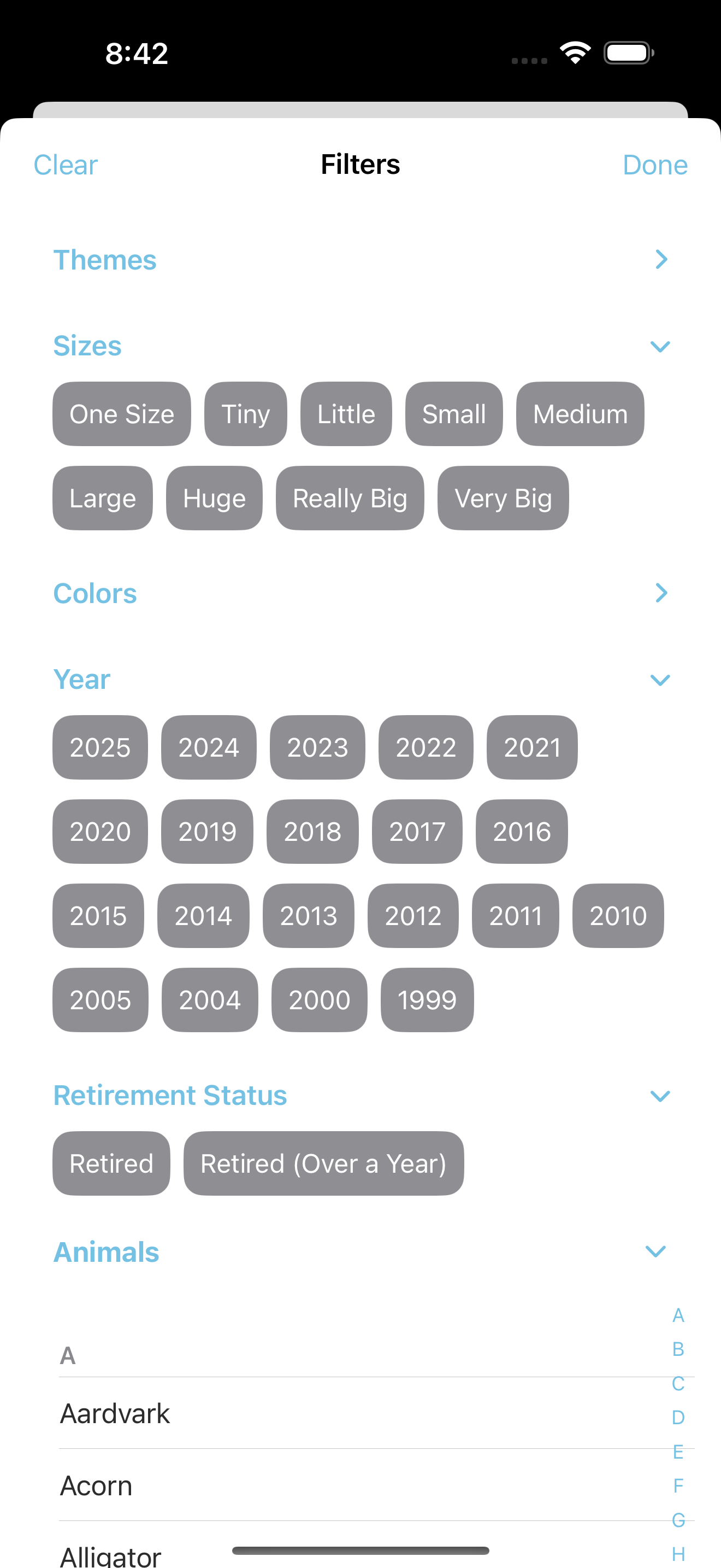 App showing advanced filtering options for size and color